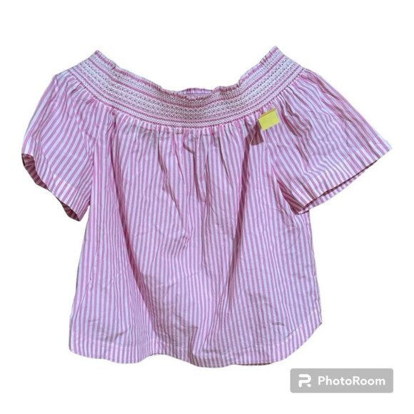 Vineyard Vines Off the Shoulder Blouse. Women's Large. Pink/White Stripe. Cotton - Picture 4 of 6